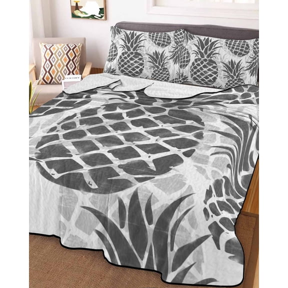 Full Quilt Bedding Set, Watercolor Summer Pineapple Lightweight Coverlet Summer Comforter Set Soft Microfiber Bedspread, Tropical Fruit Minimalist Art 3 Piece Quilt Set with 2 Pillow Shams