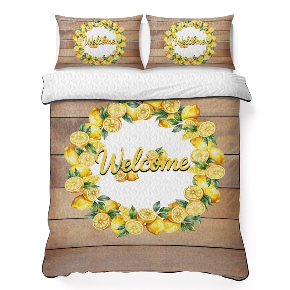 Full Quilt Bedding Set, Welcome Words Summer Lemon Soft Microfiber Summer Bedspread Coverlet with 2 Pillow Shams for All Season, Farm Brown Wood Board Breathable Bedding Set for Hot Sleepers