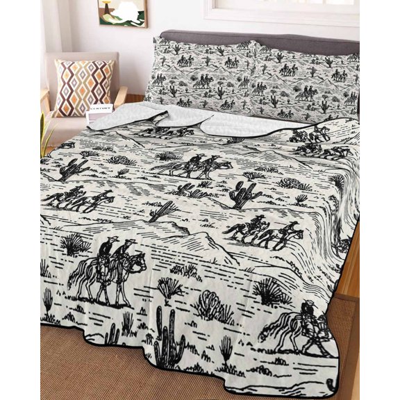 Full Quilt Bedding Set, Western Cowboys Abstract Cactus Lightweight Coverlet Summer Comforter Set Soft Microfiber Bedspread, Desert Theme Vintage 3 Piece Quilt Set with 2 Pillow Shams All Seasons Use
