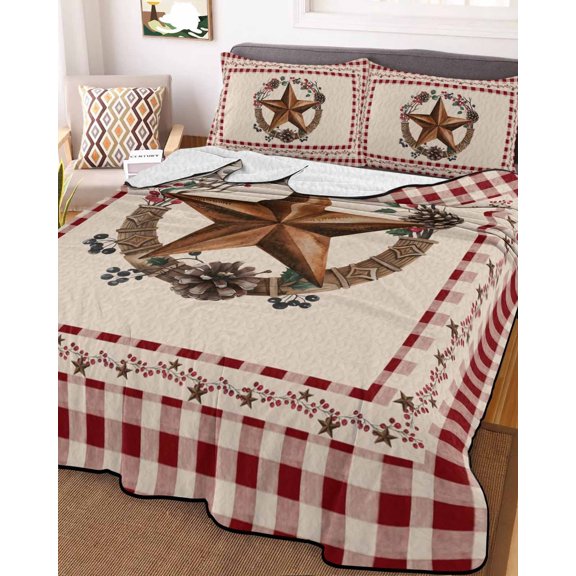 Full Quilt Bedding Set, Western Star Country Berry Wreath Lightweight Coverlet Summer Comforter Set Soft Microfiber Bedspread, Red Buffalo Plaid 3 Piece Quilt Set with 2 Pillow Shams All Seasons Use