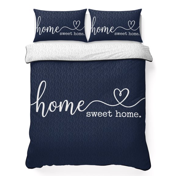 Full Quilt Bedding Set White Sweet Home Quote Heart Breathable Summer Cooling Blanket for Hot Sleepers, Rustic Letter on Navy Blue Lightweight Soft Bedding Set with 2 Pillow Shams for All Season