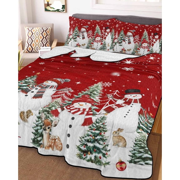 Full Quilt Bedding Set Winter Snowman Snowflake on Red Summer Quilt Lightweight Quilted Coverlet with 2 Pillow Shams, Christmas Tree Animal 3-Piece Bedspread Quilt Set for All Season