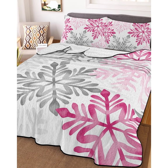 Full Quilt Bedding Set, Winter Watercolor Pink Gray Snowflakes Lightweight Coverlet Summer Comforter Set Soft Microfiber Bedspread, Christmas Snow Texture 3 Piece Quilt Set with 2 Pillow Shams