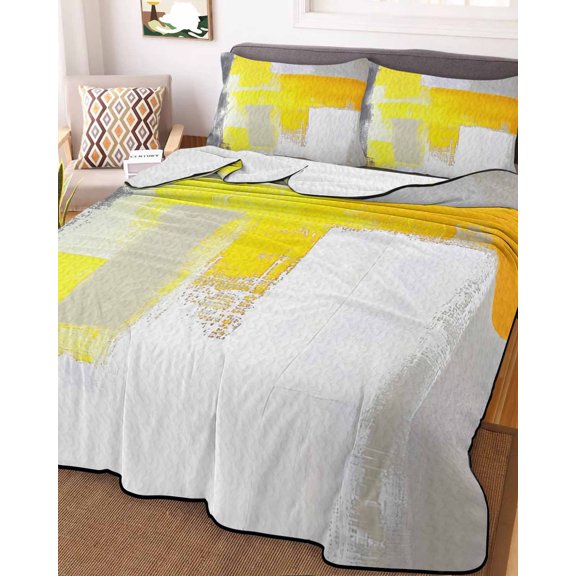 Full Quilt Bedding Set, Yellow Gray Graffiti Texture Lightweight Coverlet Summer Comforter Set Soft Microfiber Bedspread, Abstract Gradient Geometric 3 Piece Quilt Set with 2 Pillow Shams