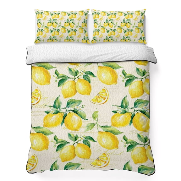 Full Quilt Bedding Set Yellow Lemon Farm Fruit Breathable Summer Cooling Blanket for Hot Sleepers, Retro Back Lightweight Soft Bedding Set with 2 Pillow Shams for All Season