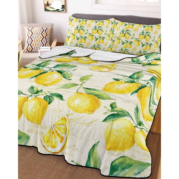 Full Quilt Bedding Set Yellow Lemon Farm Fruit Summer Quilt Lightweight Quilted Coverlet with 2 Pillow Shams, Retro Back 3-Piece Bedspread Quilt Set for All Season