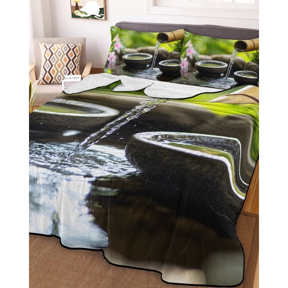 Full Quilt Bedding Set, Zen Meditation Lake Water Lightweight Coverlet Summer Comforter Set Soft Microfiber Bedspread, Natural Landscape 3 Piece Quilt Set with 2 Pillow Shams All Seasons Use