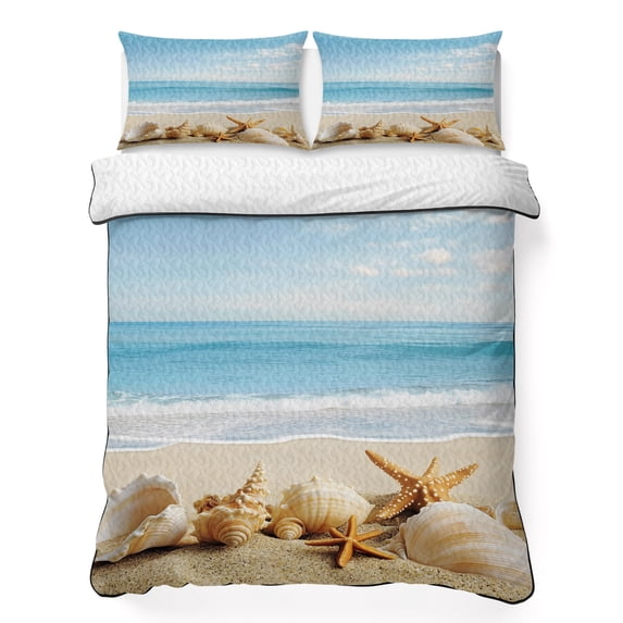Full Quilt Set 78''x90'', Beach Coastal Lightweight Bedspread Coverlet Set with 2 Pillow Shams, Summer Seaside Shell Starfish Nautical Breathable All Season Quilt Bedding for Bedroom/Guest Room