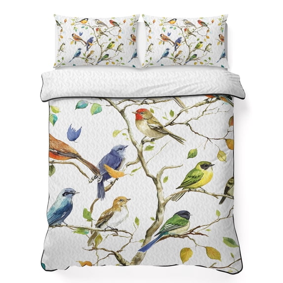 Full Quilt Set 78''x90'', Bird Leaf Lightweight Summer Bedspread Coverlet Set with 2 Pillow Shams, Spring Summer Tree Branch Farmhouse Retro Breathable All Season Quilt Bedding for Bedroom/Guest Room