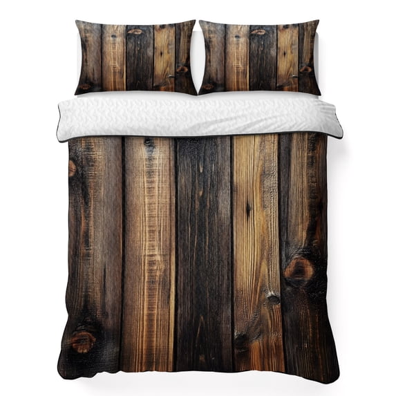 Full Quilt Set 78''x90'', Black Brown Board Lightweight Summer Bedspread Coverlet Set with 2 Pillow Shams, Vintage Chic Shabby Wooden Grain Breathable All Season Quilt Bedding for Bedroom/Guest Room