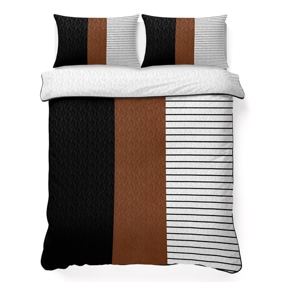 Full Quilt Set 78''x90'', Black Brown Lightweight Summer Bedspread Coverlet Set with 2 Pillow Shams, Contemporary Striped Boho Art Breathable All Season Quilt Bedding for Bedroom/Guest Room