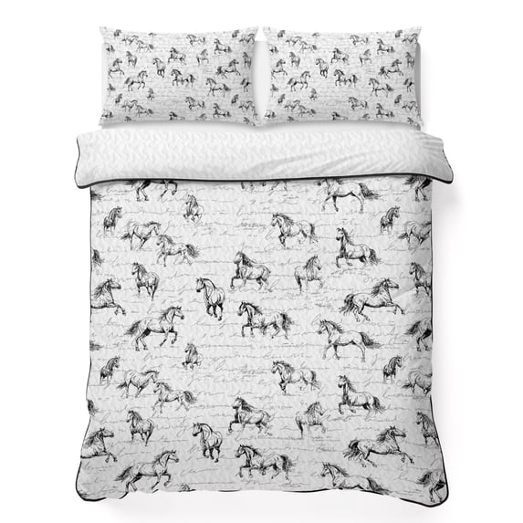 Full Quilt Set 78''x90'', Black Horse Lightweight Summer Bedspread Coverlet Set with 2 Pillow Shams, Watercolor Vintage Animals Breathable All Season Quilt Bedding for Bedroom/Guest Room