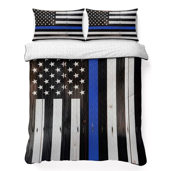 Full Quilt Set 78''x90'', Blue American Flag Lightweight Bedspread Coverlet Set with 2 Pillow Shams, Black White Stripe US Flag Retro Wooden Breathable All Season Quilt Bedding for Bedroom/Guest Room
