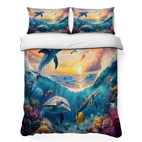 Full Quilt Set 78''x90'', Blue Coastal Lightweight Summer Bedspread Coverlet Set with 2 Pillow Shams, Dolphin Summer Beach Nautical Ocean Breathable All Season Quilt Bedding for Bedroom/Guest Room
