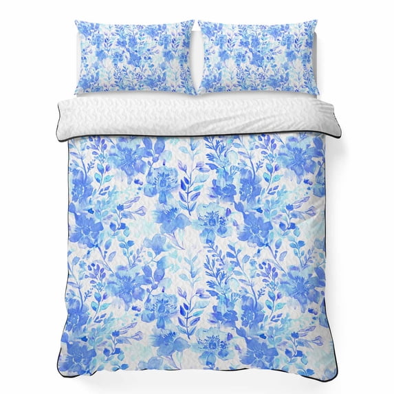 Full Quilt Set 78''x90'', Blue Flowers Lightweight Summer Bedspread Coverlet Set with 2 Pillow Shams, Watercolor Summer Botanical Floral Breathable All Season Quilt Bedding for Bedroom/Guest Room