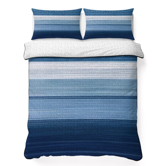 Full Quilt Set 78''x90'', Blue Ombre Stripe Lightweight Bedspread Coverlet Set with 2 Pillow Shams, Farmhouse Striped Modern Abstract Art Breathable All Season Quilt Bedding for Bedroom/Guest Room