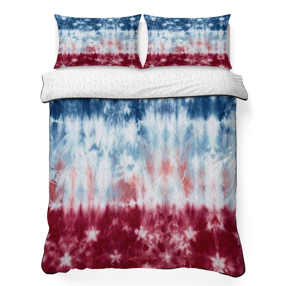 Full Quilt Set 78''x90'', Blue White Red Lightweight Summer Bedspread Coverlet Set with 2 Pillow Shams, Tie-dye American Flag Star Abstract Breathable All Season Quilt Bedding for Bedroom/Guest Room