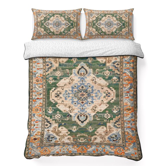 Full Quilt Set 78''x90'', Boho Lightweight Bedspread Coverlet Set with 2 Pillow Shams, Green Brown Ethnic Tribe Abstract Vintage Western Breathable All Season Quilt Bedding for Bedroom/Guest Room