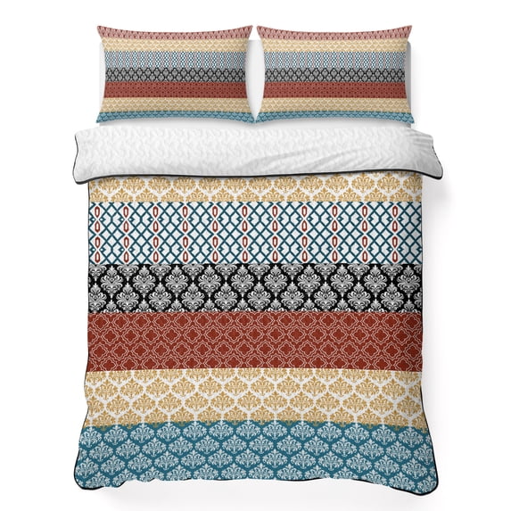 Full Quilt Set 78''x90'', Boho Orange Lightweight Bedspread Coverlet Set with 2 Pillow Shams, Yellow Geometric Stripes Turquoise Bohemia Breathable All Season Quilt Bedding for Bedroom/Guest Room