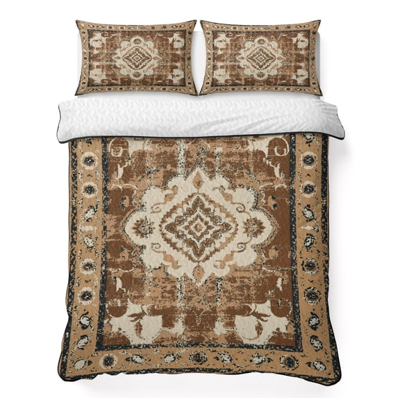 Full Quilt Set 78''x90'', Brown Boho Lightweight Bedspread Coverlet Set with 2 Pillow Shams, Retro Western Rustic Ethnic Tribal Patterns Breathable All Season Quilt Bedding for Bedroom/Guest Room