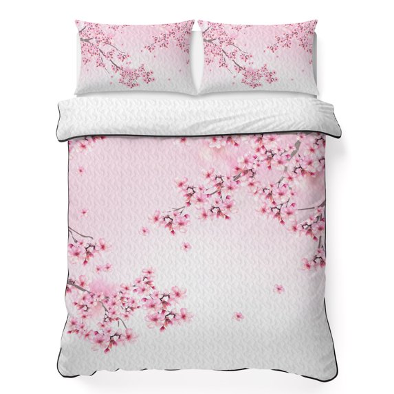 Full Quilt Set 78''x90'', Cherry Blossom Lightweight Summer Bedspread Coverlet Set with 2 Pillow Shams, Gradient Tree Pink Flower Plant Breathable All Season Quilt Bedding for Bedroom/Guest Room