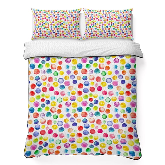 Full Quilt Set 78''x90'', Colorful Polka Dot Lightweight Summer Bedspread Coverlet Set with 2 Pillow Shams, Watercolor Rainbow Polka Dots Breathable All Season Quilt Bedding for Bedroom/Guest Room