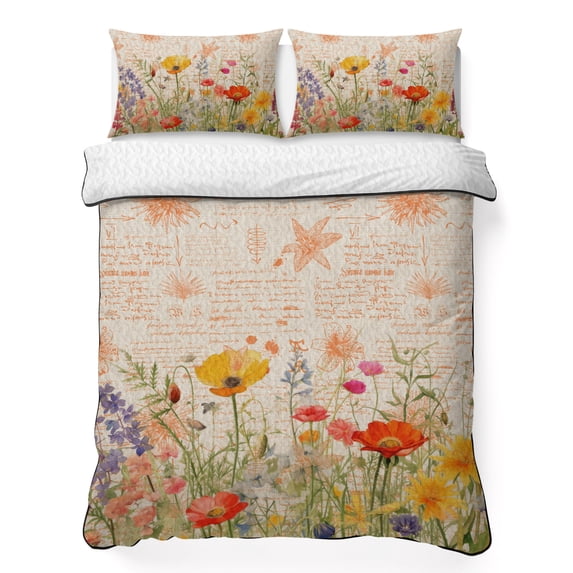 Full Quilt Set 78''x90'', Colorful Spring Floral Lightweight Summer Bedspread Coverlet Set with 2 Pillow Shams, Vintage Summer Botanical Breathable All Season Quilt Bedding for Bedroom/Guest Room