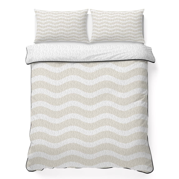 Full Quilt Set 78''x90'', Cream Moire Lightweight Summer Bedspread Coverlet Set with 2 Pillow Shams, Water Ripple Stripe Farmhouse Breathable All Season Quilt Bedding for Bedroom/Guest Room