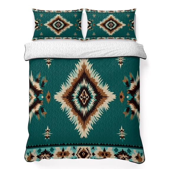 Full Quilt Set 78''x90'', Green Southwestern Lightweight Summer Bedspread Coverlet Set with 2 Pillow Shams, Boho Ethnic Geometric Retro Breathable All Season Quilt Bedding for Bedroom/Guest Room
