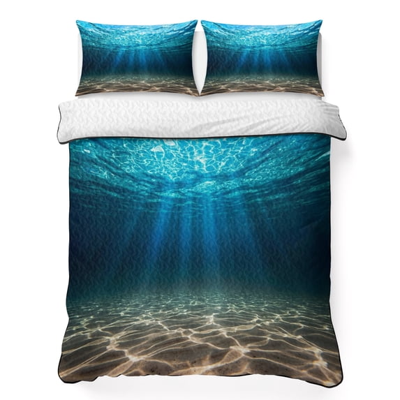 Full Quilt Set 78''x90'', Light Blue Ocean Waves Lightweight Bedspread Coverlet Set with 2 Pillow Shams, Summer Beach Coastal Abstract Breathable All Season Quilt Bedding for Bedroom/Guest Room