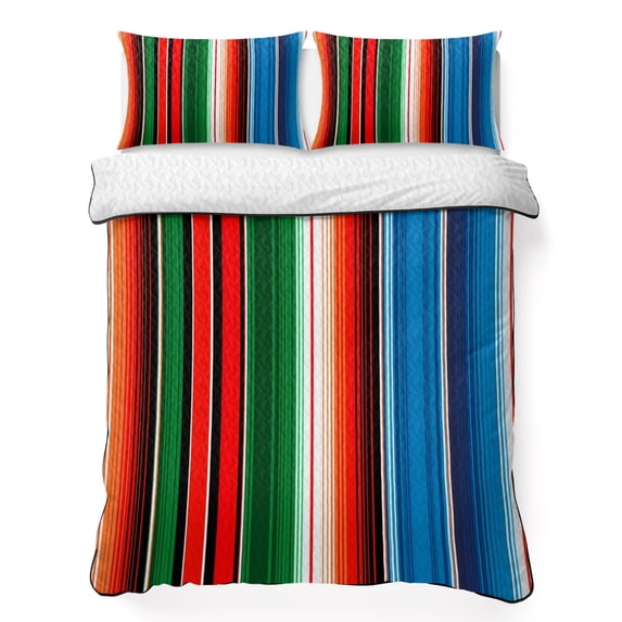 Full Quilt Set 78''x90'', Mexican Serape Lightweight Bedspread Coverlet Set with 2 Pillow Shams, Colorful Stripes Vertical Lines Abstract Breathable All Season Quilt Bedding for Bedroom/Guest Room