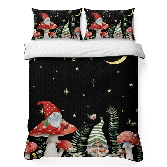 Full Quilt Set 78''x90'', Mushroom Lightweight Bedspread Coverlet Set with 2 Pillow Shams, Botanical Watercolor Gnomes Butterfly Leaf Plant Breathable All Season Quilt Bedding for Bedroom/Guest Room