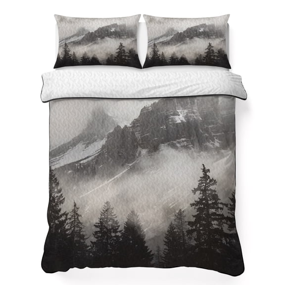 Full Quilt Set 78''x90'', National Parks Lightweight Bedspread Coverlet Set with 2 Pillow Shams, Canadian Smokey Mountain Cliff Idyllic Breathable All Season Quilt Bedding for Bedroom/Guest Room