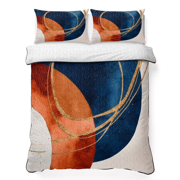 Full Quilt Set 78''x90'', Navy Blue Burnt Orange Lightweight Summer Bedspread Coverlet Set with 2 Pillow Shams, Boho Art Modern Geometric Breathable All Season Quilt Bedding for Bedroom/Guest Room