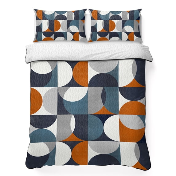 Full Quilt Set 78''x90'', Navy Blue Lightweight Bedspread Coverlet Set with 2 Pillow Shams, Middle Century Modern Geometric Abstract Art Breathable All Season Quilt Bedding for Bedroom/Guest Room
