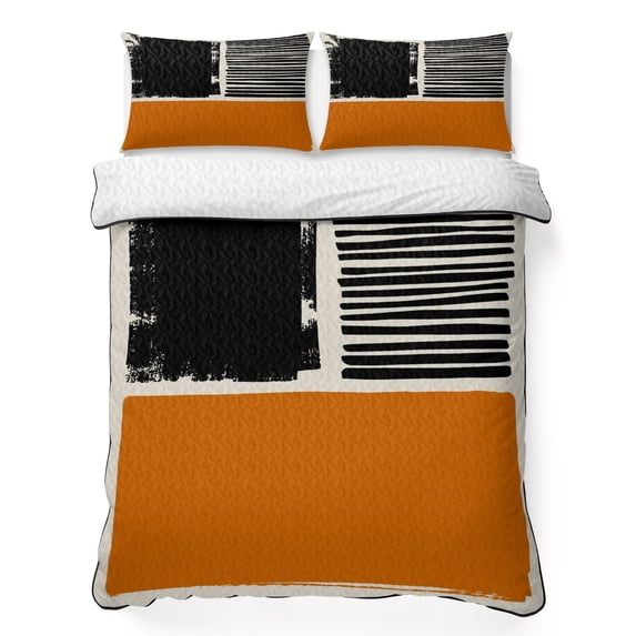 Full Quilt Set 78''x90'', Orange Black Lightweight Summer Bedspread Coverlet Set with 2 Pillow Shams, Farmhouse Striped Modern Abstract Art Breathable All Season Quilt Bedding for Bedroom/Guest Room