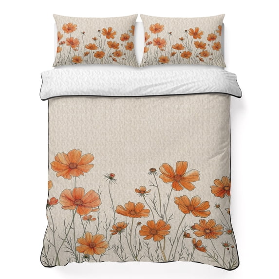 Full Quilt Set 78''x90'', Orange Spring Floral Lightweight Summer Bedspread Coverlet Set with 2 Pillow Shams, Summer Botanical Rustic Daisy Breathable All Season Quilt Bedding for Bedroom/Guest Room