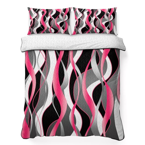 Full Quilt Set 78''x90'', Pink Stripe Lightweight Bedspread Coverlet Set with 2 Pillow Shams, Gradient Grey Moire Geometric Modern Abstract Breathable All Season Quilt Bedding for Bedroom/Guest Room