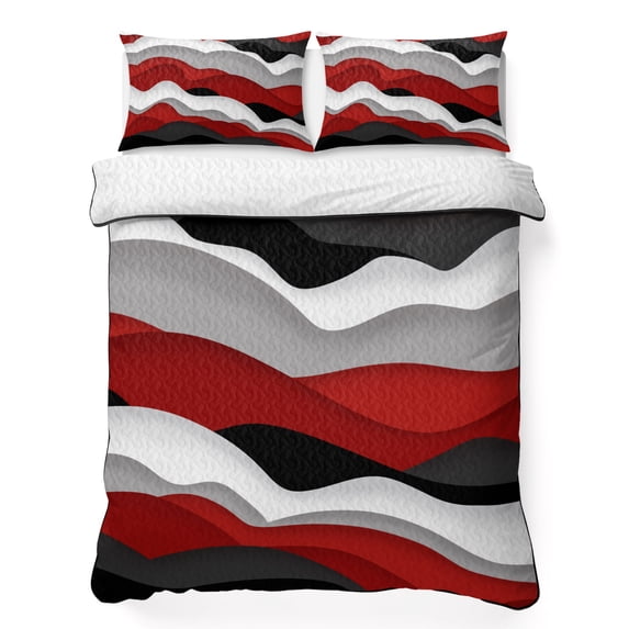 Full Quilt Set 78''x90'', Red Black Ombre Lightweight Summer Bedspread Coverlet Set with 2 Pillow Shams, Modern Geometric Moire Abstract Art Breathable All Season Quilt Bedding for Bedroom/Guest Room