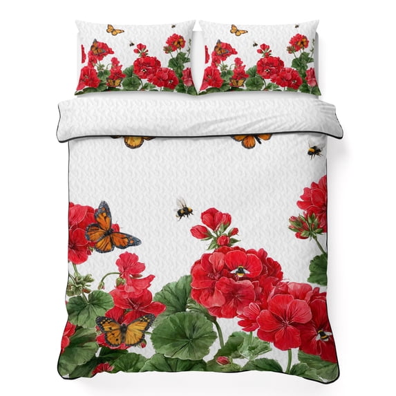 Full Quilt Set 78''x90'', Red Spring Floral Lightweight Bedspread Coverlet Set with 2 Pillow Shams, Butterfly Farmhouse Breathable All Season Quilt Bedding for Bedroom/Guest Room Watercolor Flowers