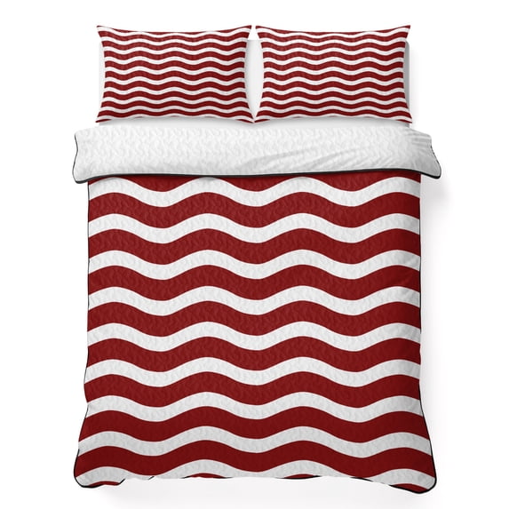 Full Quilt Set 78''x90'', Red White Lightweight Bedspread Coverlet Set with 2 Pillow Shams, Modern Abstract Waves Water Ripple Striped Breathable All Season Quilt Bedding for Bedroom/Guest Room