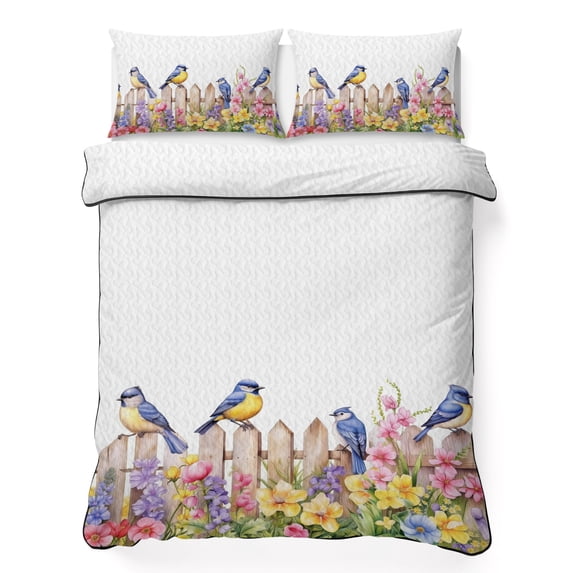 Full Quilt Set 78''x90'', Spring Floral Lightweight Summer Bedspread Coverlet Set with 2 Pillow Shams, Summer Birds Botanical Fence Breathable All Season Quilt Bedding for Bedroom/Guest Room