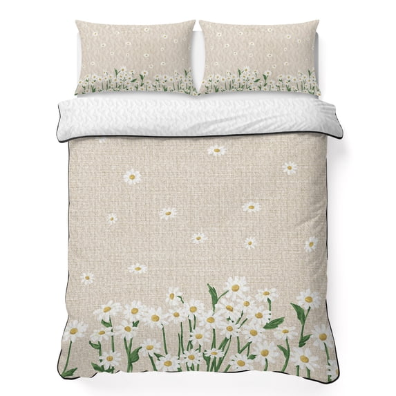 Full Quilt Set 78''x90'', Spring Floral Lightweight Summer Bedspread Coverlet Set with 2 Pillow Shams, White Daisy Farmhouse Linen Texture Breathable All Season Quilt Bedding for Bedroom/Guest Room