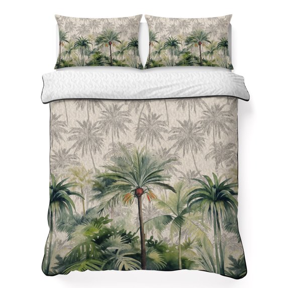 Full Quilt Set 78''x90'', Summer Tropical Leaves Lightweight Summer Bedspread Coverlet Set with 2 Pillow Shams, Green Palm Trees Botanical Breathable All Season Quilt Bedding for Bedroom/Guest Room