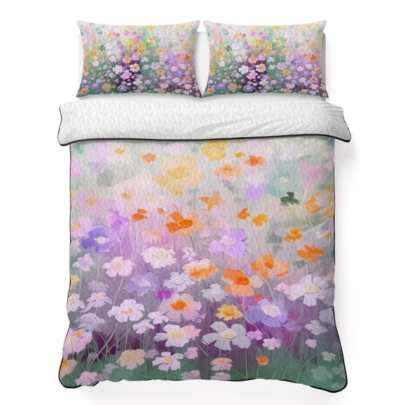 Full Quilt Set 78''x90'', Teal Spring Floral Lightweight Bedspread Coverlet Set with 2 Pillow Shams, Modern Oil Painted Daisy Botanical Breathable All Season Quilt Bedding for Bedroom/Guest Room