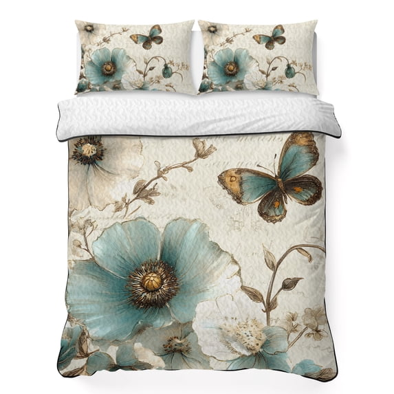 Full Quilt Set 78''x90'', Vintage Flowers Lightweight Summer Bedspread Coverlet Set with 2 Pillow Shams, Spring Floral Teal Tulip Butterfly Breathable All Season Quilt Bedding for Bedroom/Guest Room