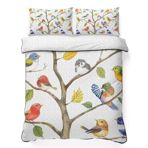 Full Quilt Set 78''x90'', Watercolor Bird Lightweight Summer Bedspread Coverlet Set with 2 Pillow Shams, Modern Spring Branch Colorful Leaf Breathable All Season Quilt Bedding for Bedroom/Guest Room