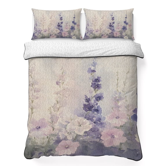 Full Quilt Set 78''x90'', Watercolor Lavender Lightweight Bedspread Coverlet Set with 2 Pillow Shams, Country Spring Field Leaf Wildflower Breathable All Season Quilt Bedding for Bedroom/Guest Room