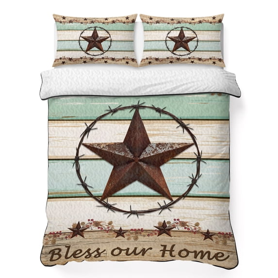 Full Quilt Set 78''x90'', Western Texas Star Green Lightweight Bedspread Coverlet Set with 2 Pillow Shams, Farmhouse Brown Country Vintage Breathable All Season Quilt Bedding for Bedroom/Guest Room