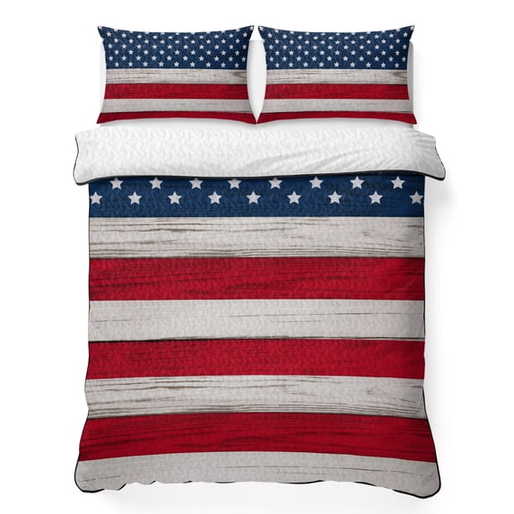 Full Quilt Set 78''x90'', Wooden American Flag Lightweight Bedspread Coverlet Set with 2 Pillow Shams, Independence Day Star Striped Flag Breathable All Season Quilt Bedding for Bedroom/Guest Room